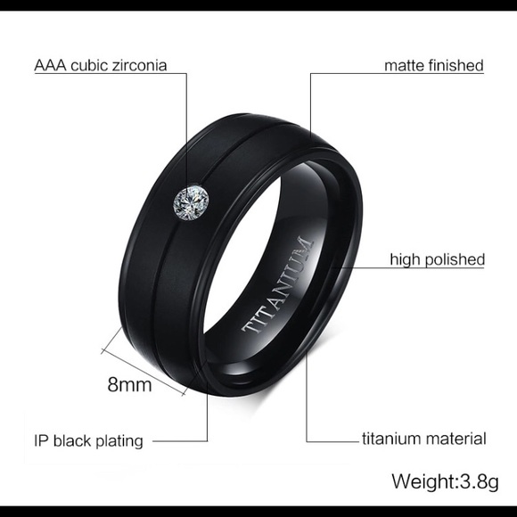 8mm Matt Black Titanium Ring with CZ Size 9-11 - Picture 2 of 8